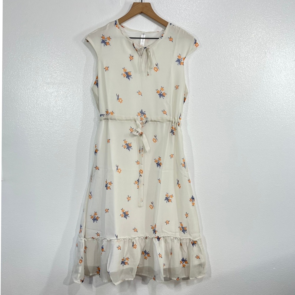 Bunny n Bloom White Chiffon Floral Keyneck Ruffle Hem Midi Day Dress Large Boho